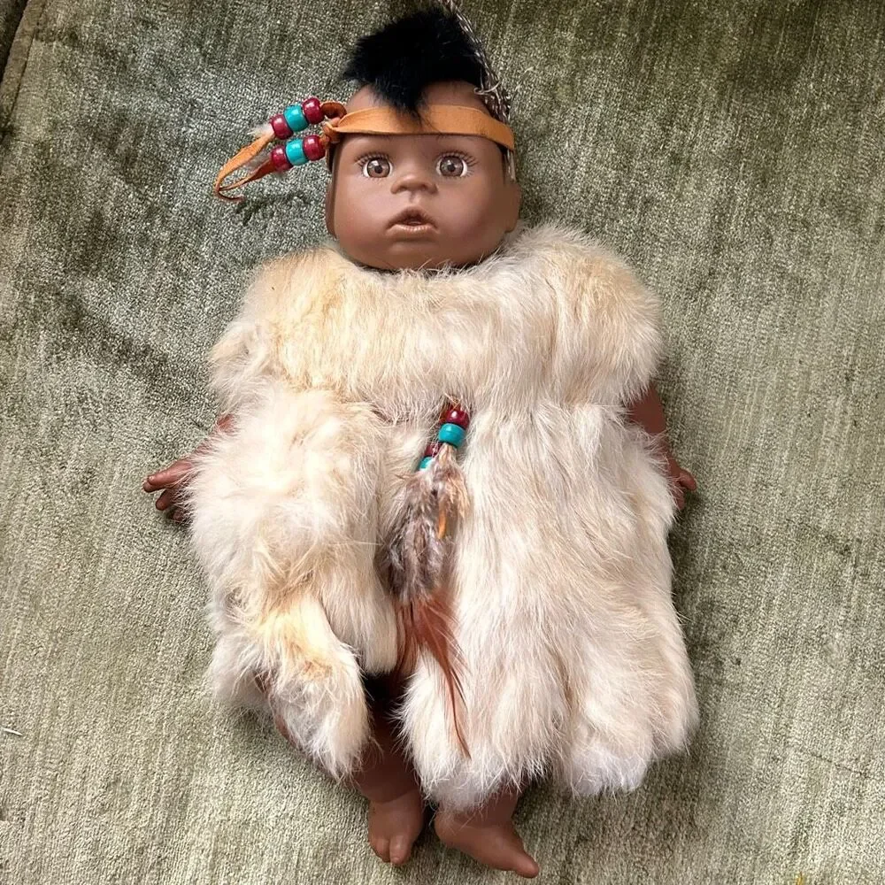 Native American Baby Boy Doll w Authentic Fur & Feathers, Mohawk, Soft Body